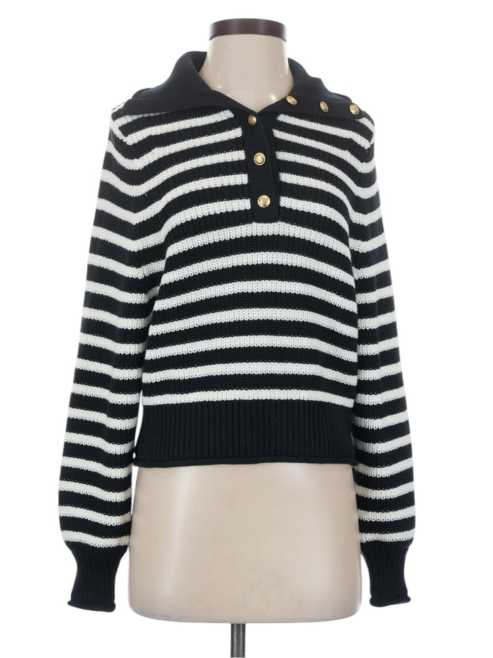 J. Crew Ribbed Cotton Collar Sweater in Stripe Small Black White Gold Buttons
